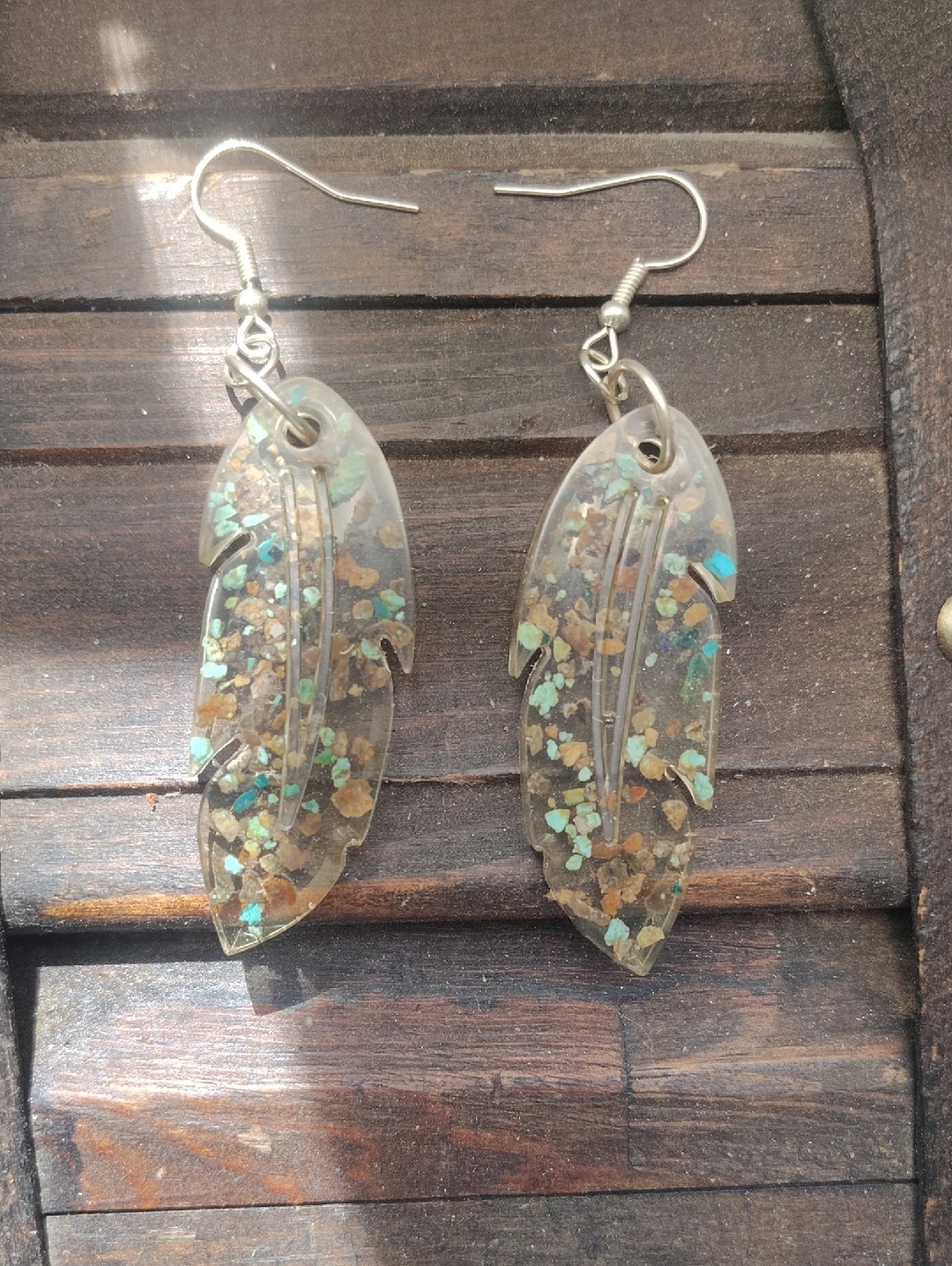 Handmade Clear Feather Earrings with Turquoise and Gold Flakes